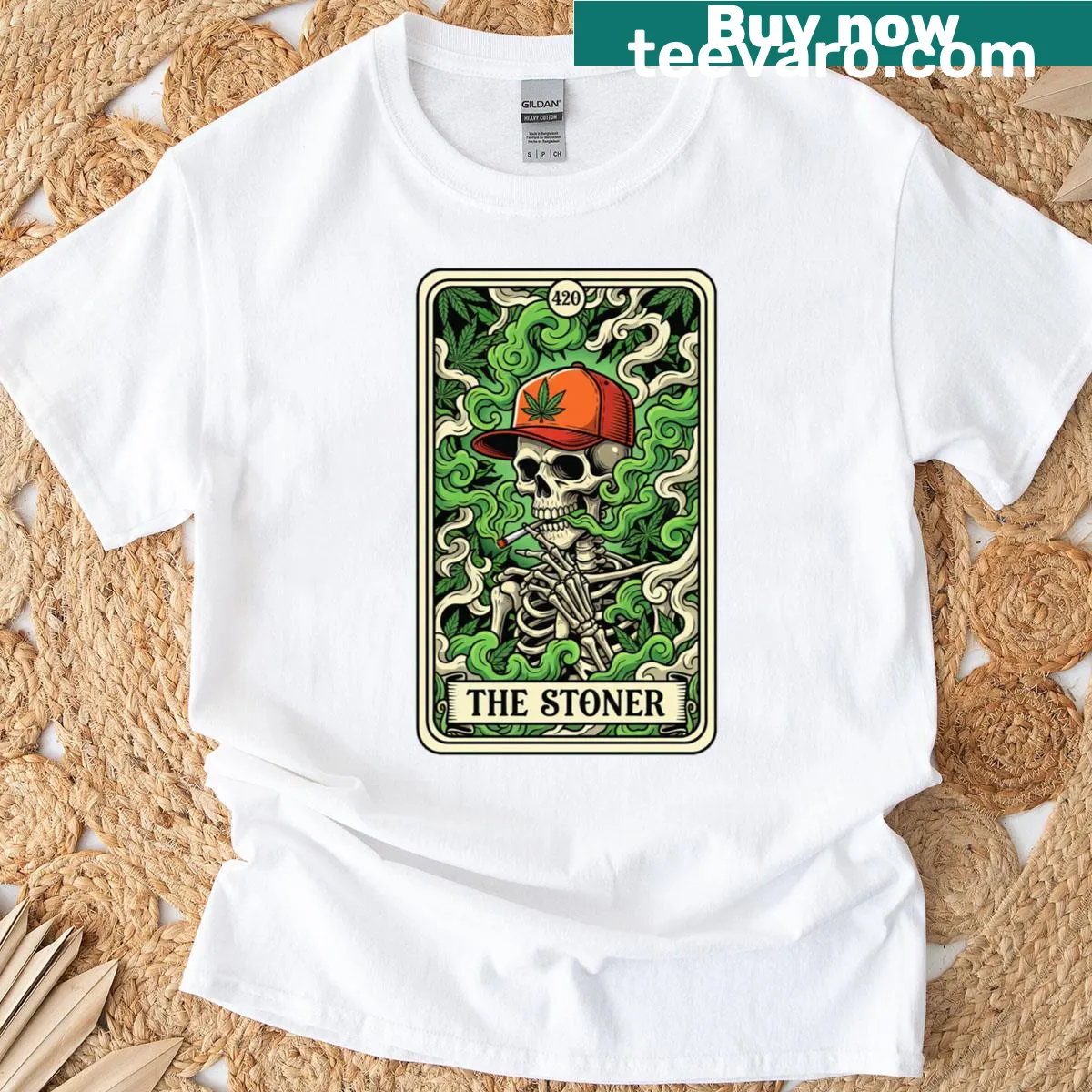 Skeleton-themed T-shirt featuring a cannabis Tarot card design — on a men's t-shirt