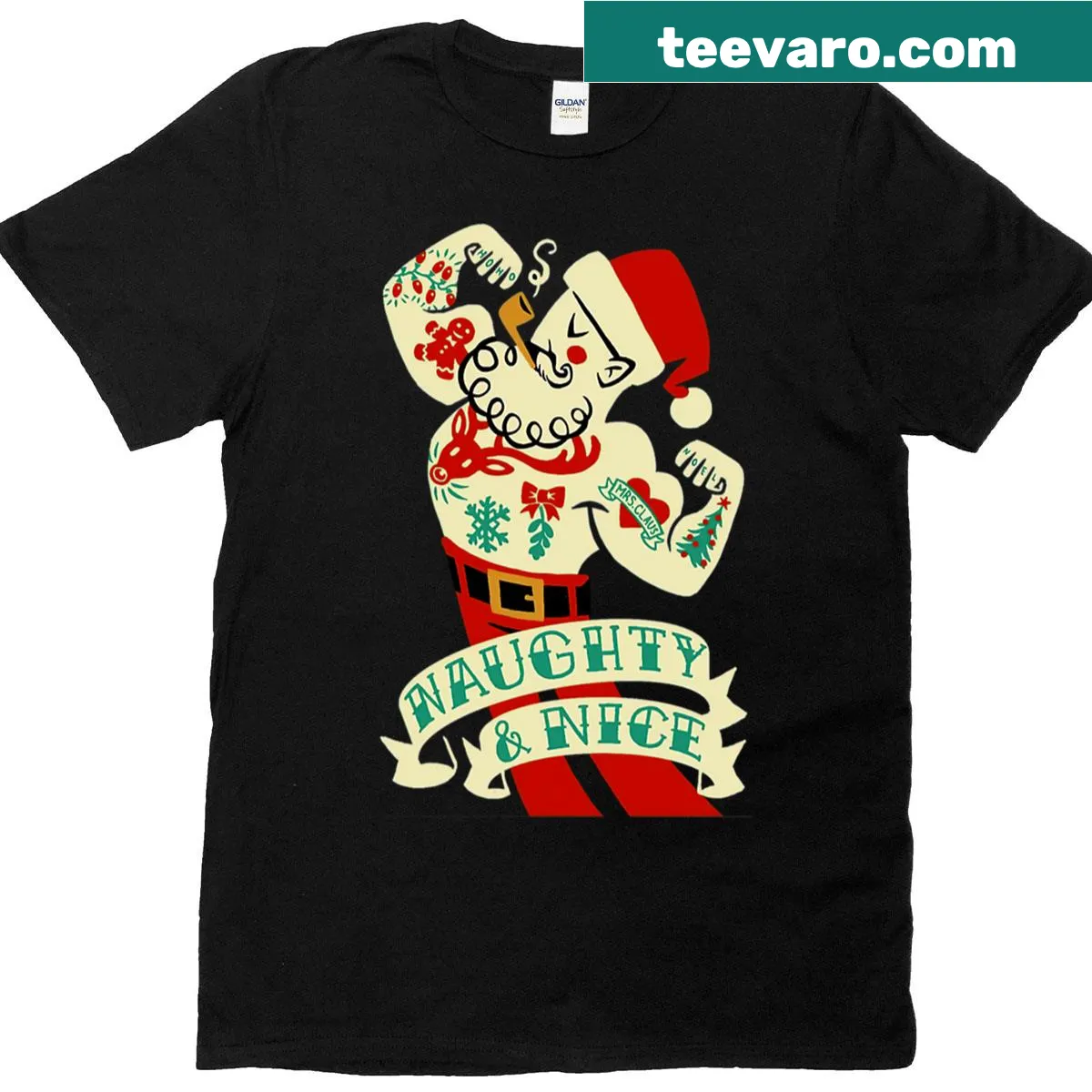 Tattoo Santa design showcasing naughty and nice theme for Christmas — on a men's t-shirt