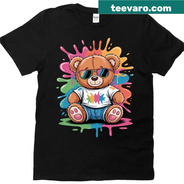 Cute teddy bear wearing sunglasses illustrated on T-shirt