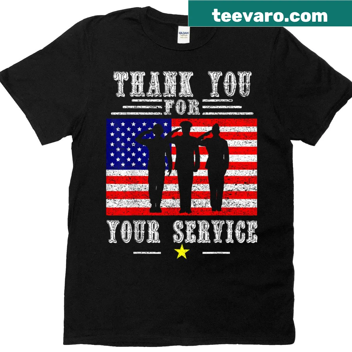Patriotic T-shirt with text 'Thank You For Your Service' honoring veterans — on a men's t-shirt