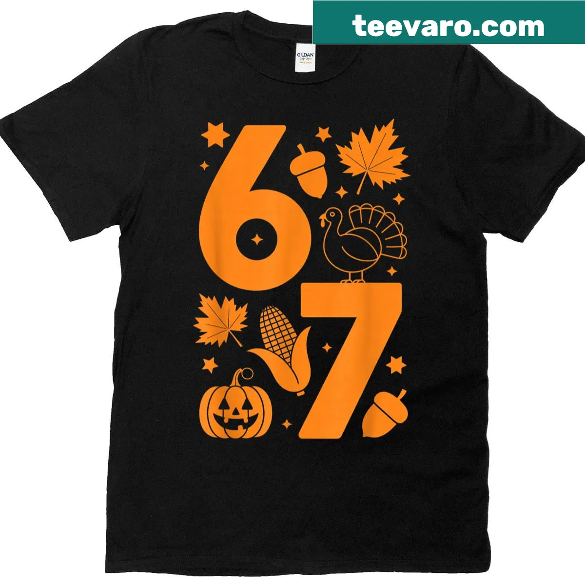 Thanksgiving-themed t-shirt with turkey and pumpkin graphics — on a men's t-shirt