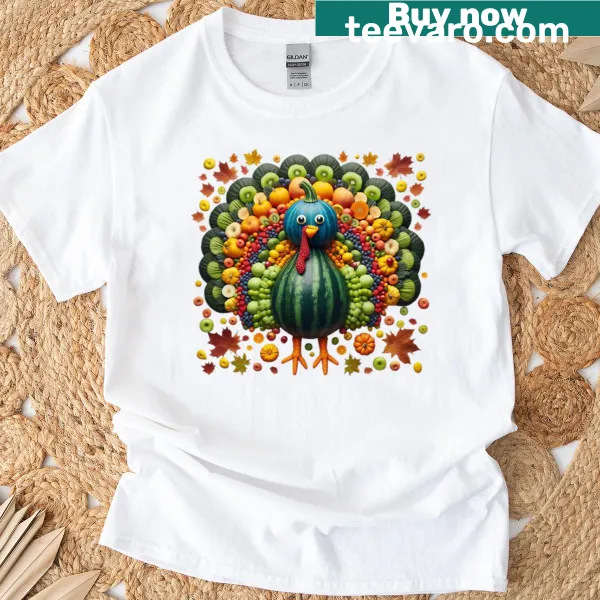 T-shirt featuring a turkey made of vegetables for Thanksgiving