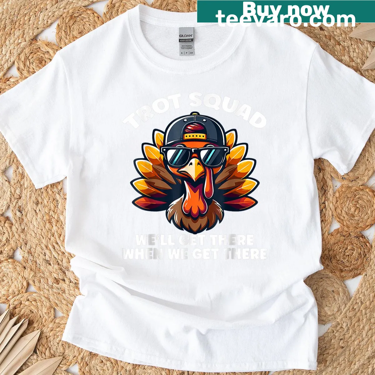 Funny turkey in running outfit for Thanksgiving on t-shirt — on a men's t-shirt