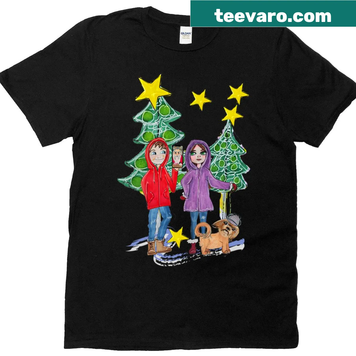 Funny Christmas heist themed t-shirt with stars and trees — on a men's t-shirt