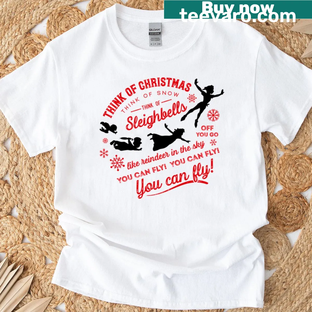 Peter Pan inspired Christmas T-shirt with flying theme and whimsical design — on a men's t-shirt