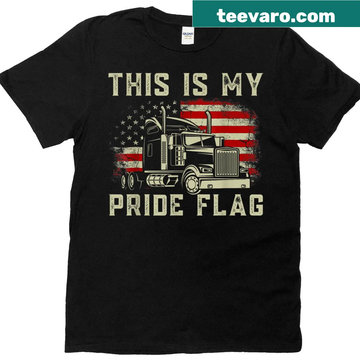 Patriotic trucker t-shirt with pride flag and USA theme — on a men's t-shirt