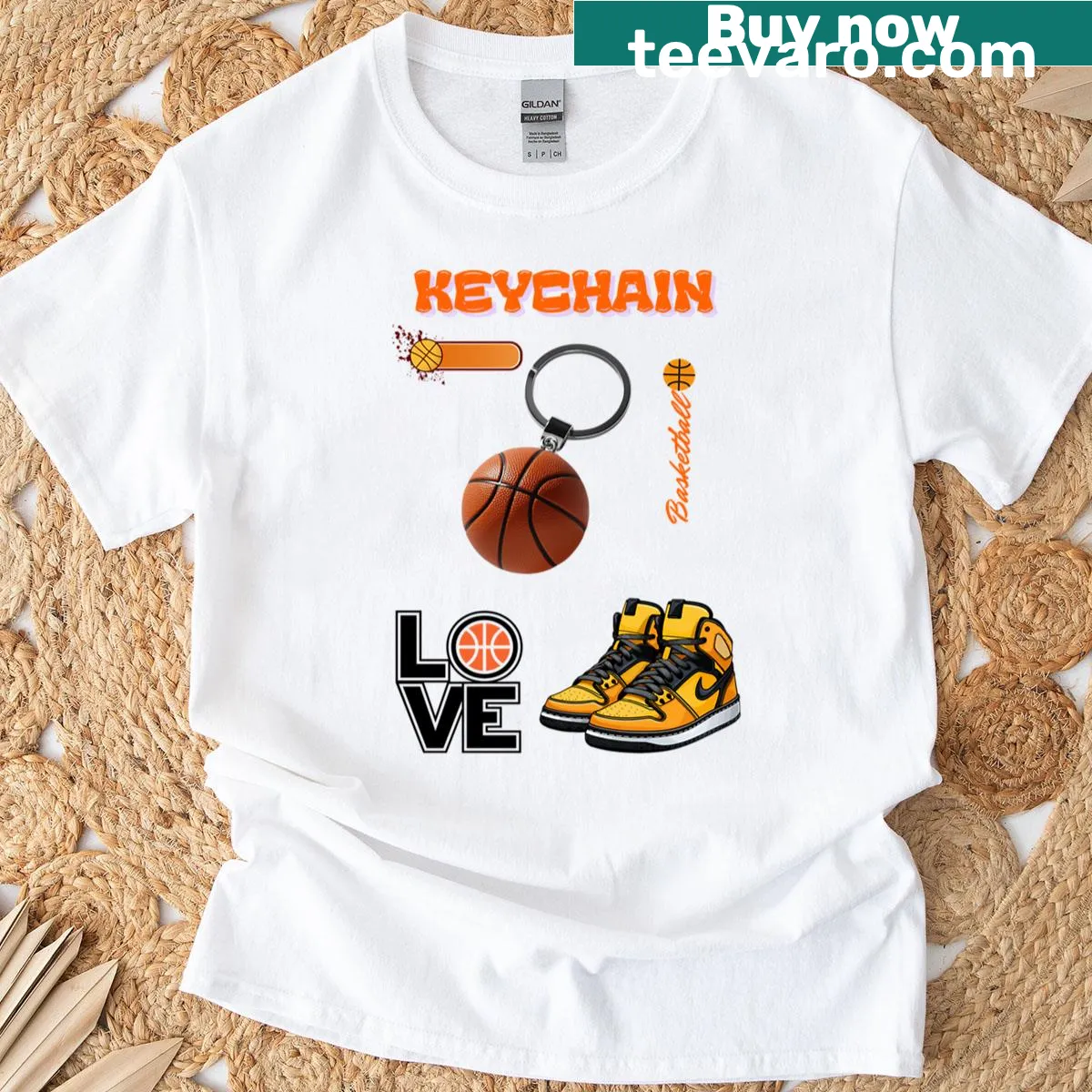 Basketball-themed T-shirt with a keychain design and stylish typography — on a men's t-shirt