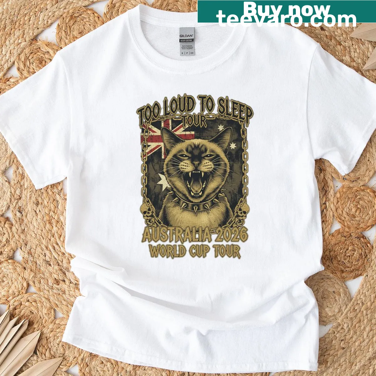 Australia tour rock tee with humorous concert graphic. — on a men's t-shirt