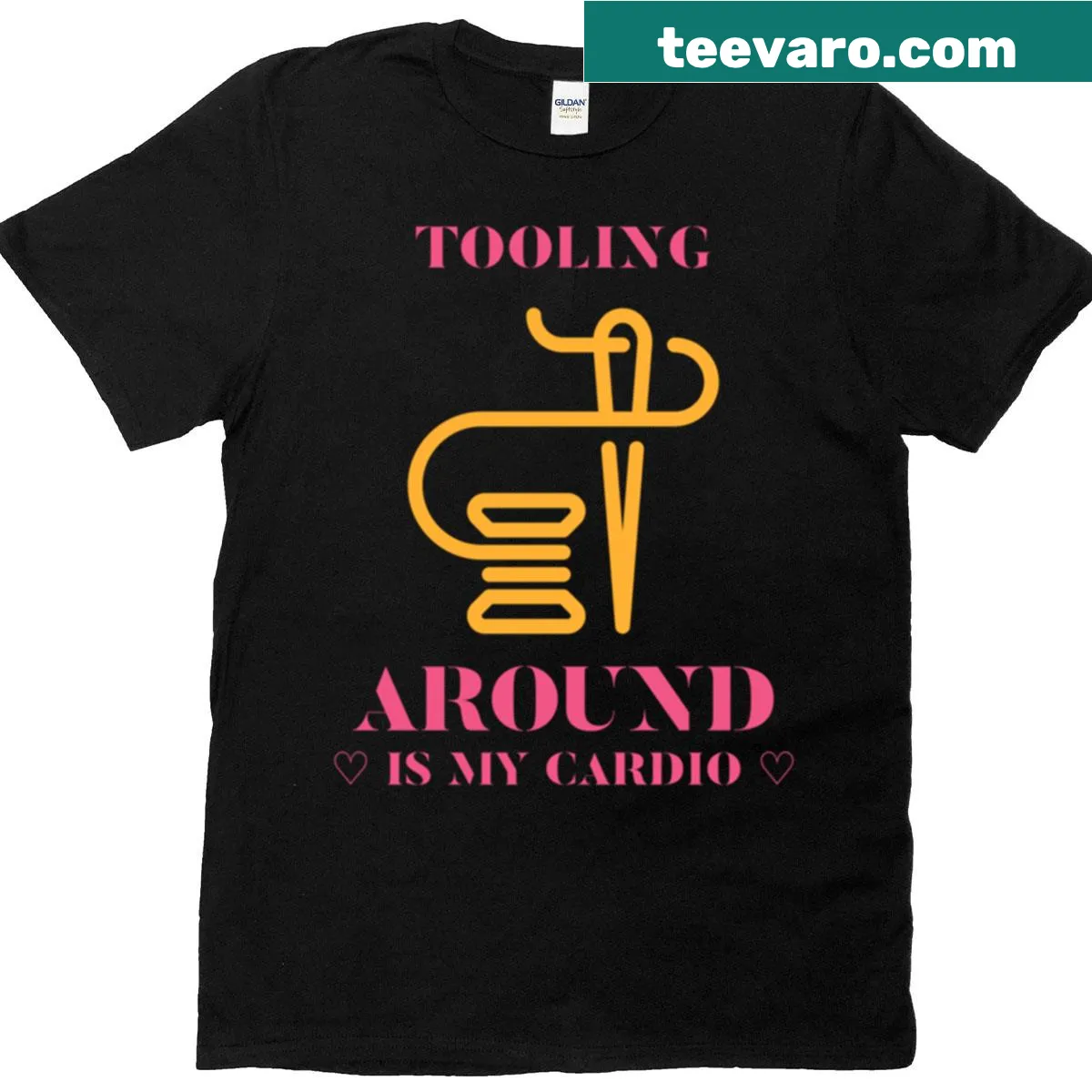 T-shirt with a playful slogan about leather crafting and sewing. — on a men's t-shirt