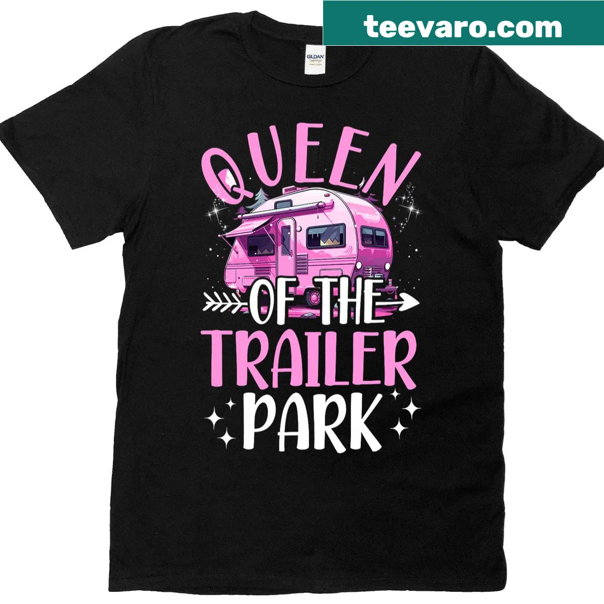 Funny camping T-shirt with pink trailer and humorous text — on a men's t-shirt