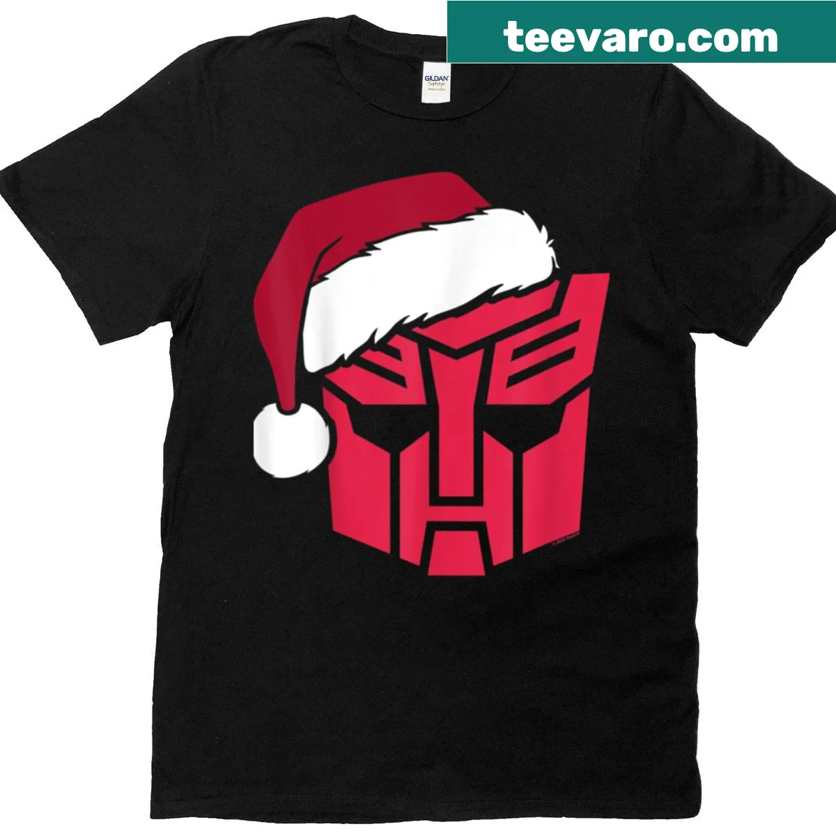 Transformers Christmas t-shirt featuring Autobots in Santa hats. — on a men's t-shirt