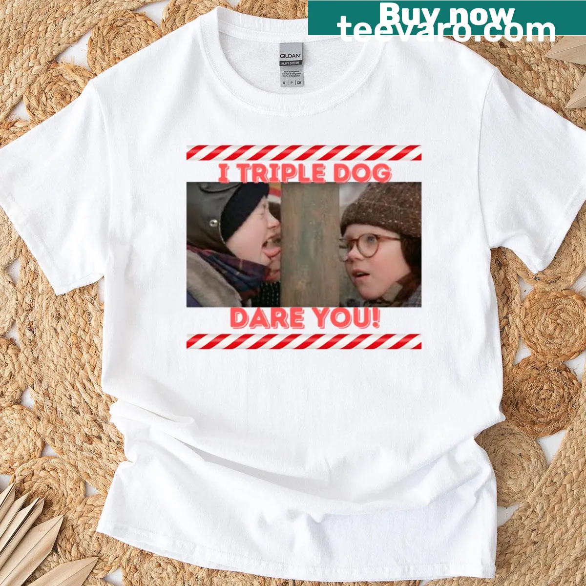 Triple Dog Dare T-shirt with a humorous text design. — on a men's t-shirt