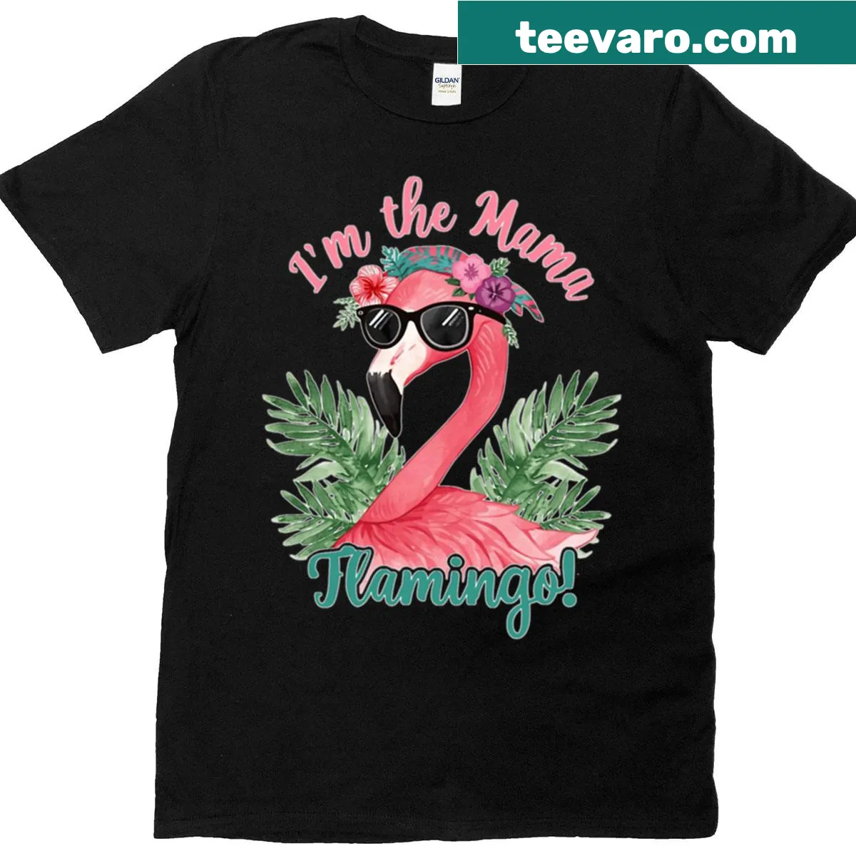 Artistic flamingo and leaves design on T-shirt for moms — on a men's t-shirt