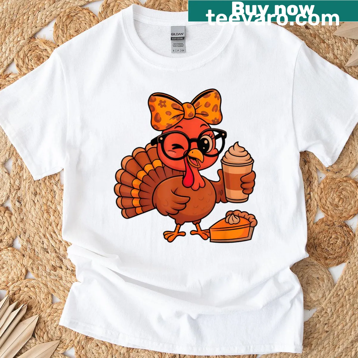 Cute Thanksgiving T-shirt with a turkey drinking coffee and a bow — on a men's t-shirt