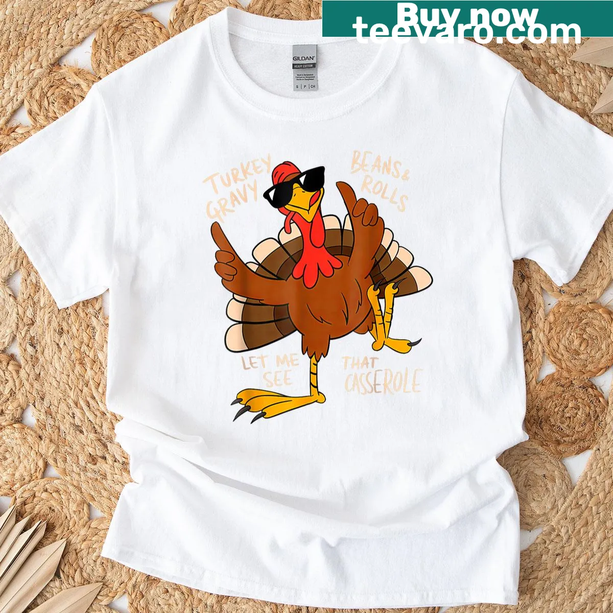 Funny Thanksgiving shirt with turkey, gravy, beans, and rolls graphic — on a men's t-shirt