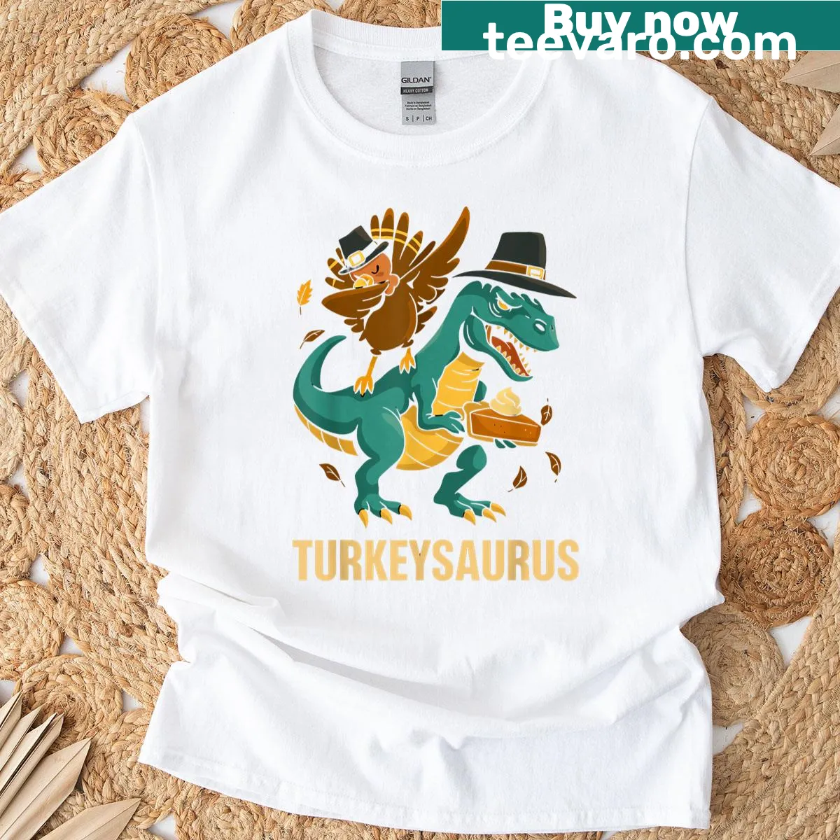 Funny toddler t-shirt featuring a dinosaur turkey dab illustration — on a men's t-shirt