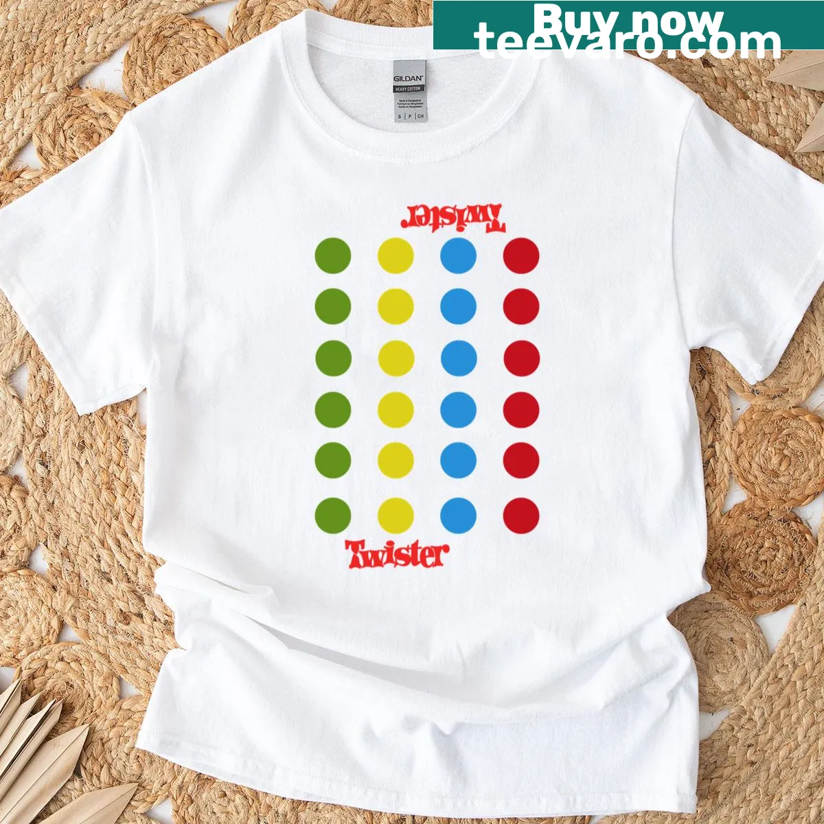 Humorous oversized T-shirt with Twister shower curtain theme — on a men's t-shirt