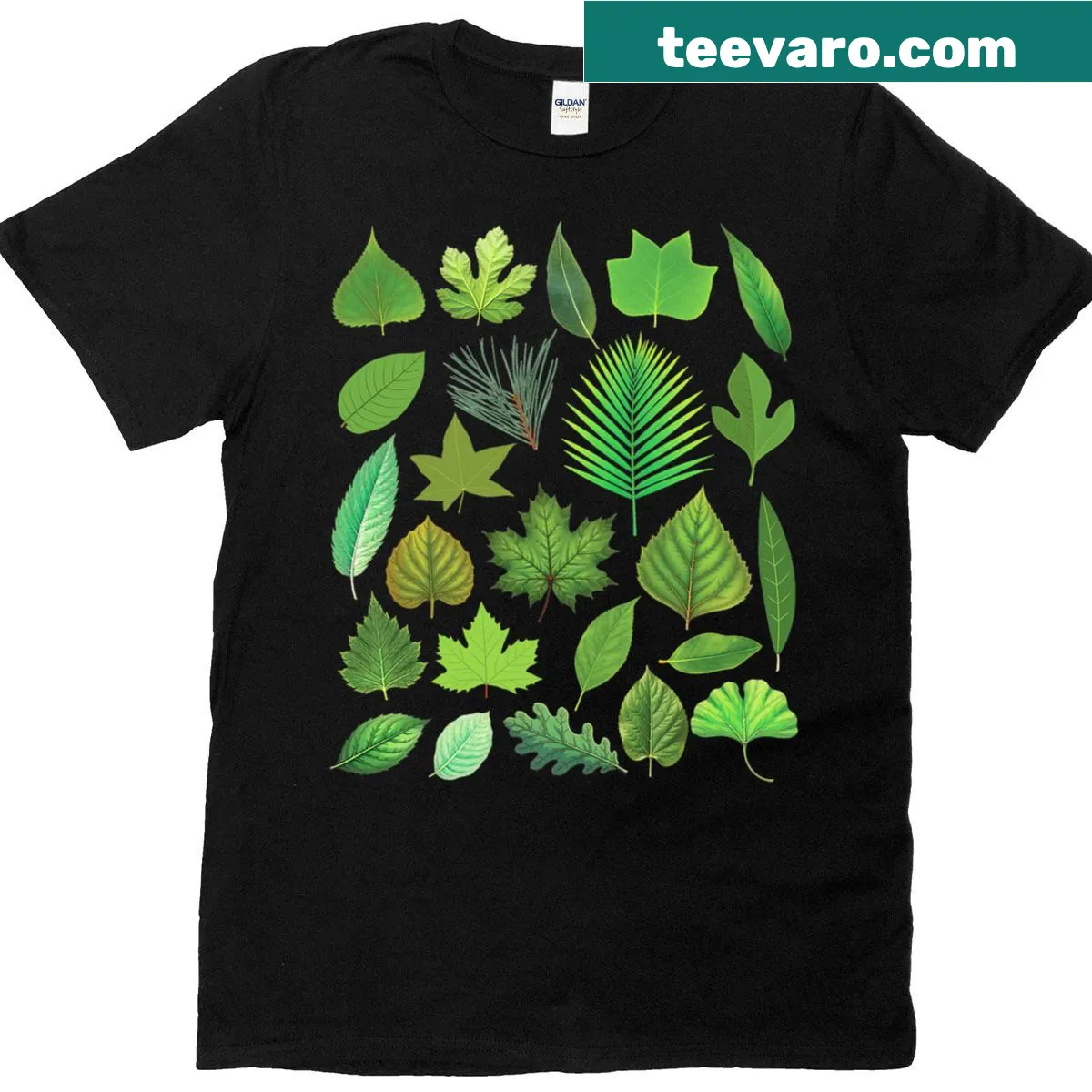 Educational T-shirt featuring various types of tree leaves — on a men's t-shirt