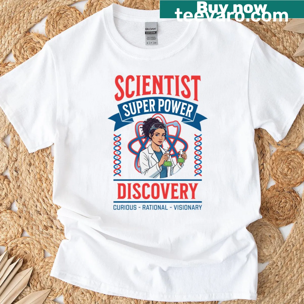 T-shirt featuring artwork celebrating the unique superpower of scientists — on a men's t-shirt