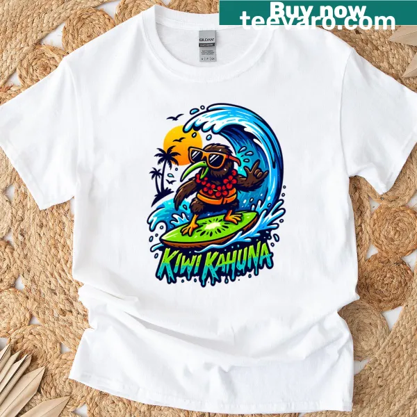 Cartoon t-shirt featuring a kiwi bird surfing a wave