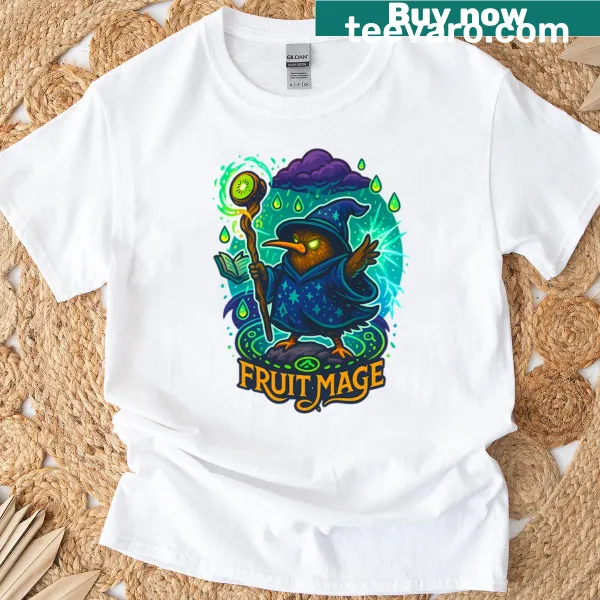 Illustrated kiwi bird wizard conjuring magic on a t-shirt