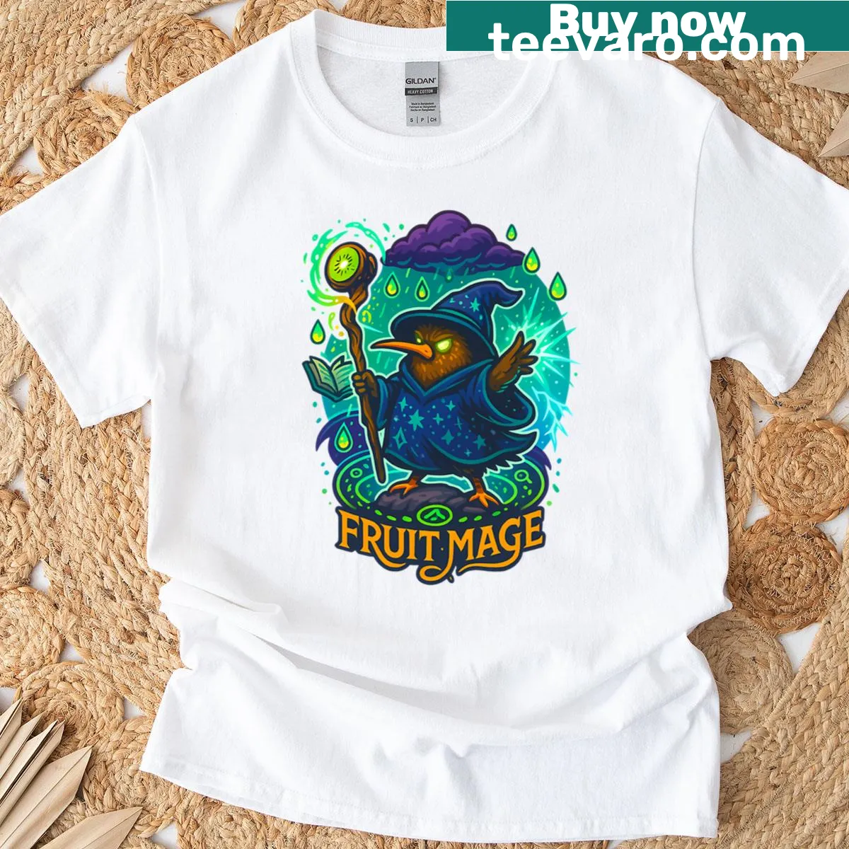 Illustrated kiwi bird wizard conjuring magic on a t-shirt — on a men's t-shirt
