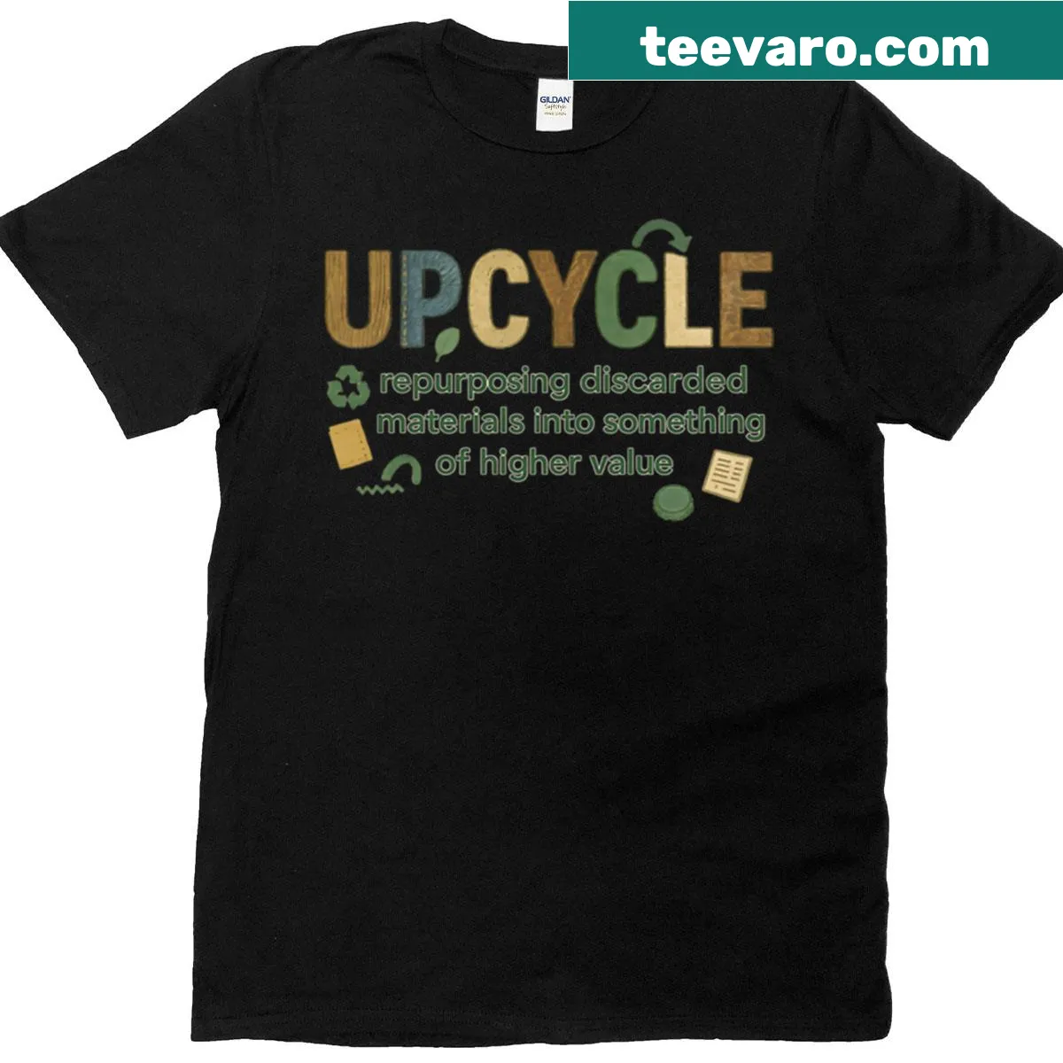 Typographic design promoting upcycling and repurposing materials. — on a men's t-shirt