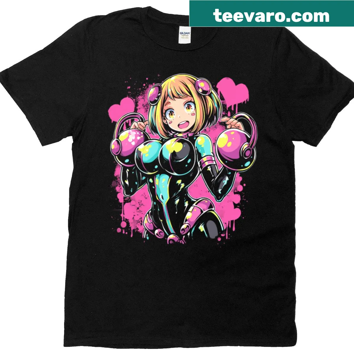 Illustrated Uraraka Ochaco T-shirt featuring gravity-defying character — on a men's t-shirt