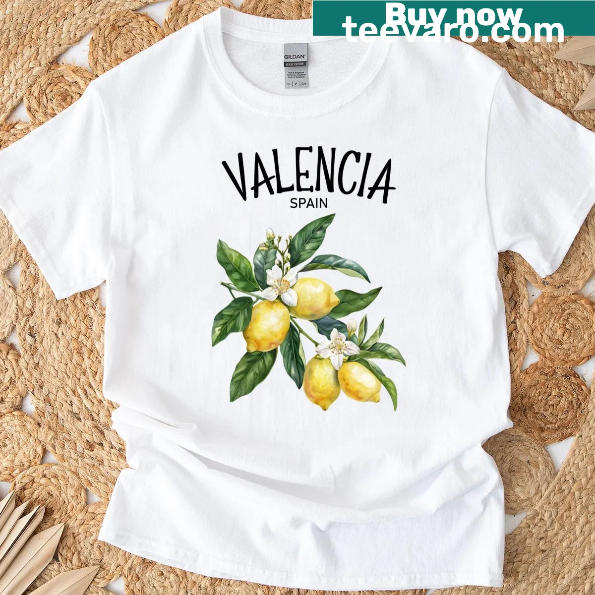 Vintage T-shirt featuring Valencia lemons and Spanish fruit art — on a men's t-shirt