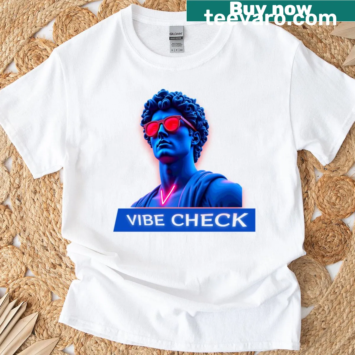 Vaporwave T-shirt featuring a blue statue in retro geometric design — on a men's t-shirt