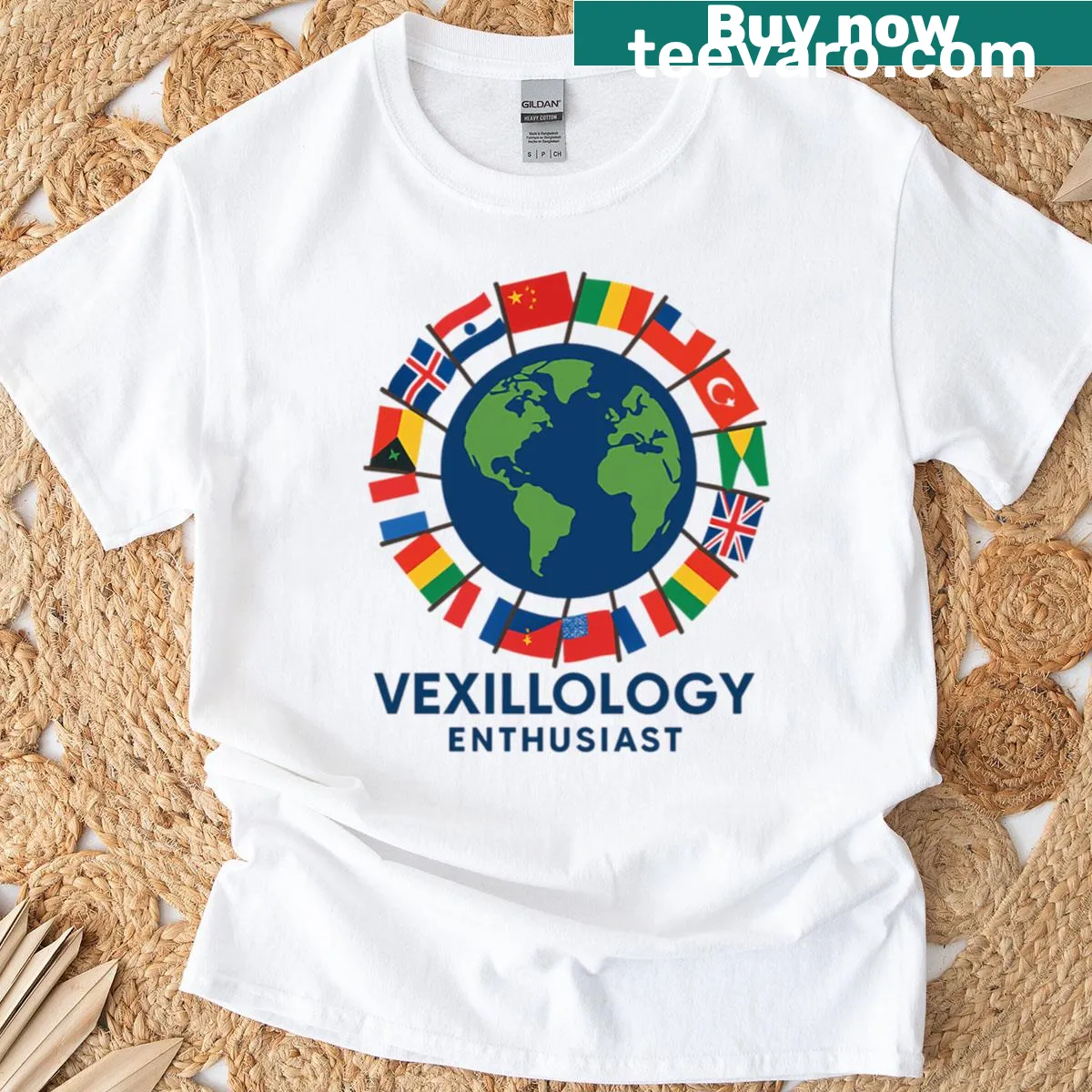 Vexillology-inspired globe and world flags t-shirt — on a men's t-shirt