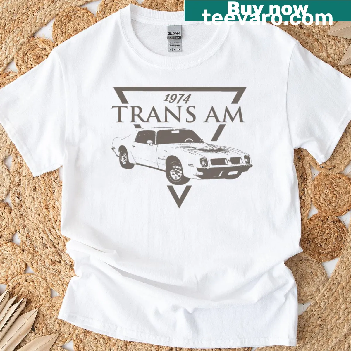 Vintage t-shirt featuring the iconic 1974 Trans Am SD-455 muscle car — on a men's t-shirt