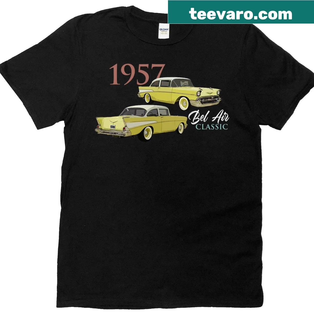 Vintage design featuring a 1957 Bel Air yellow car illustration — on a men's t-shirt