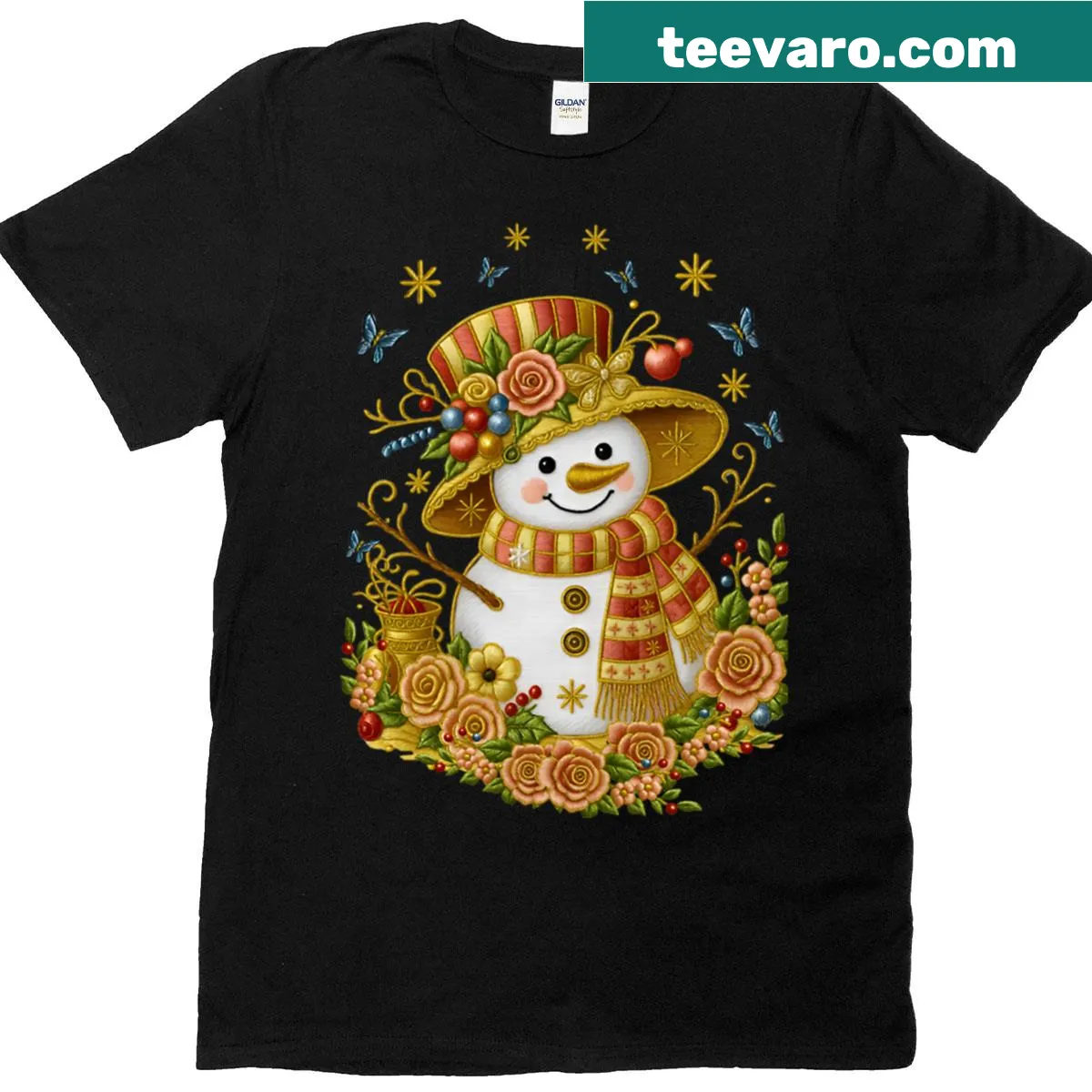 Charming snowman with flowers and butterflies for Christmas — on a men's t-shirt