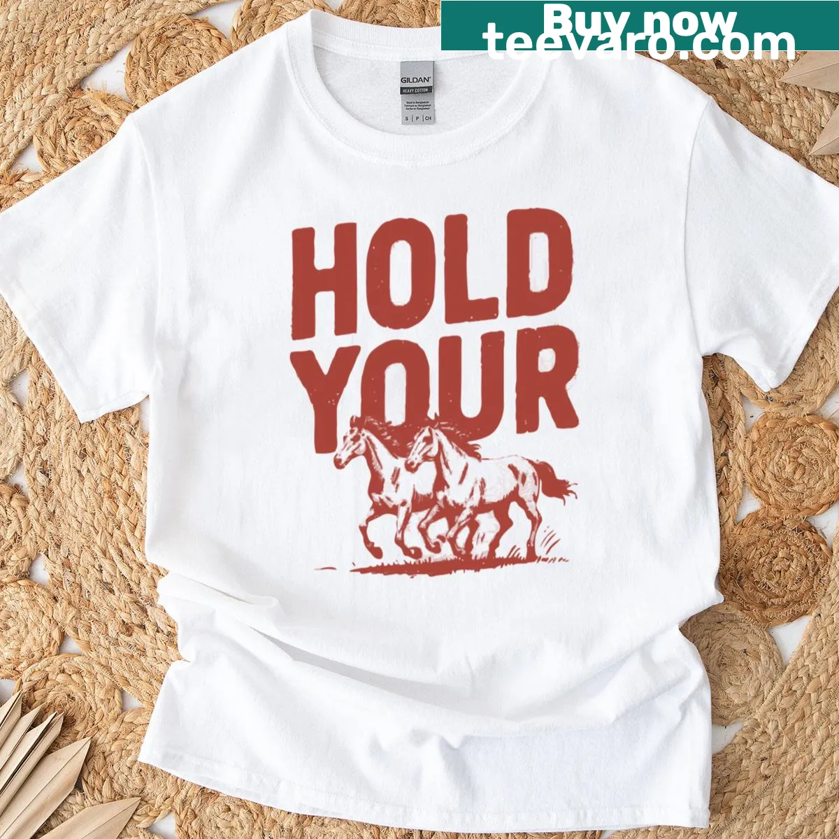 Retro t-shirt featuring 'Hold Your Horses' text and cowboy theme — on a men's t-shirt