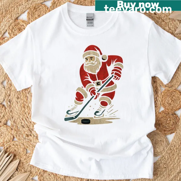 Vintage Santa Claus graphic playing hockey on a Christmas T-shirt