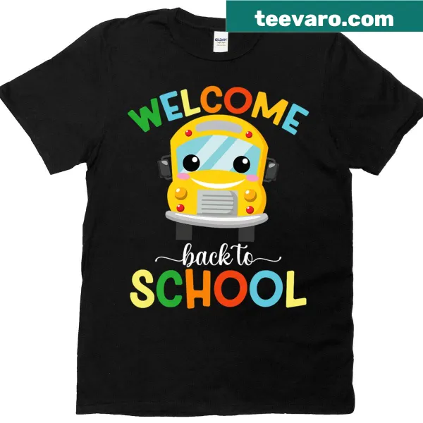T-shirt featuring a school bus illustration, welcoming kids back to school
