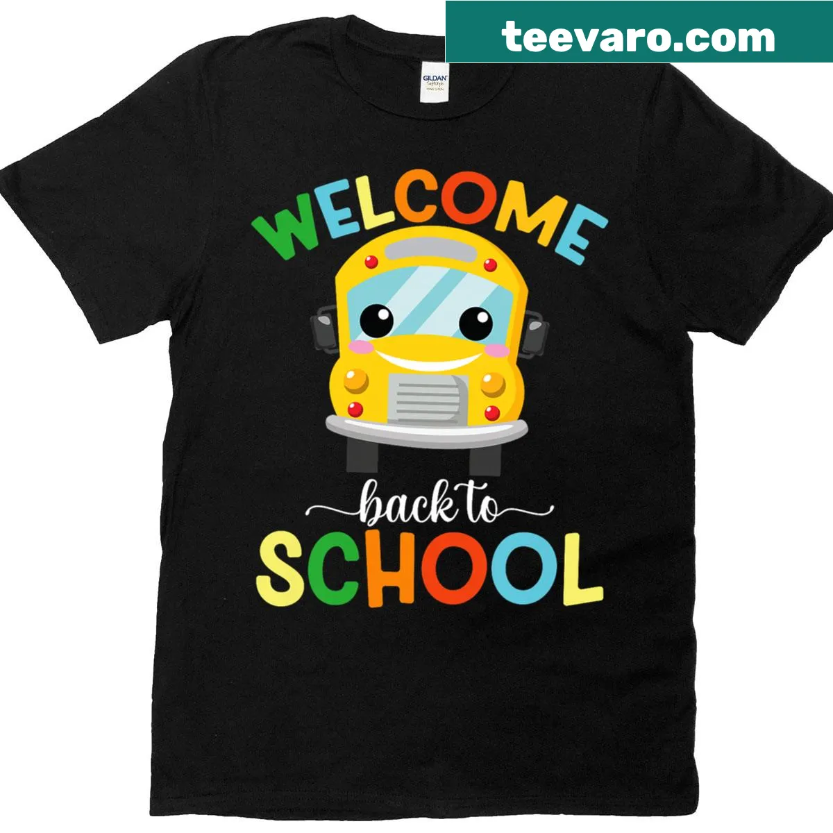 T-shirt featuring a school bus illustration, welcoming kids back to school — on a men's t-shirt