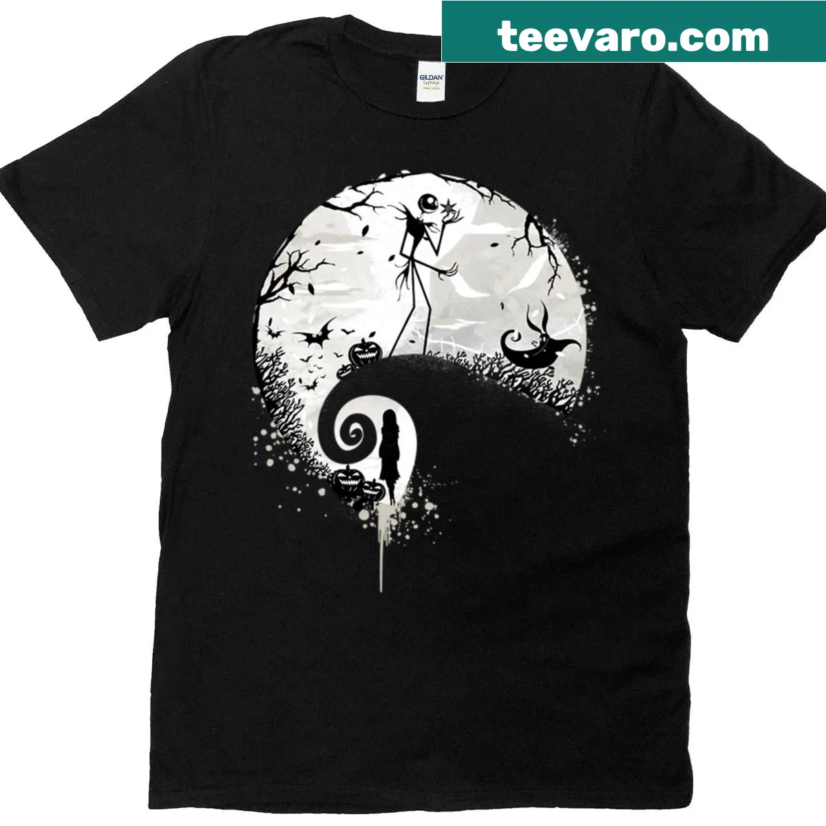 Illustration of Jack Skellington on a Halloween-themed T-shirt — on a men's t-shirt