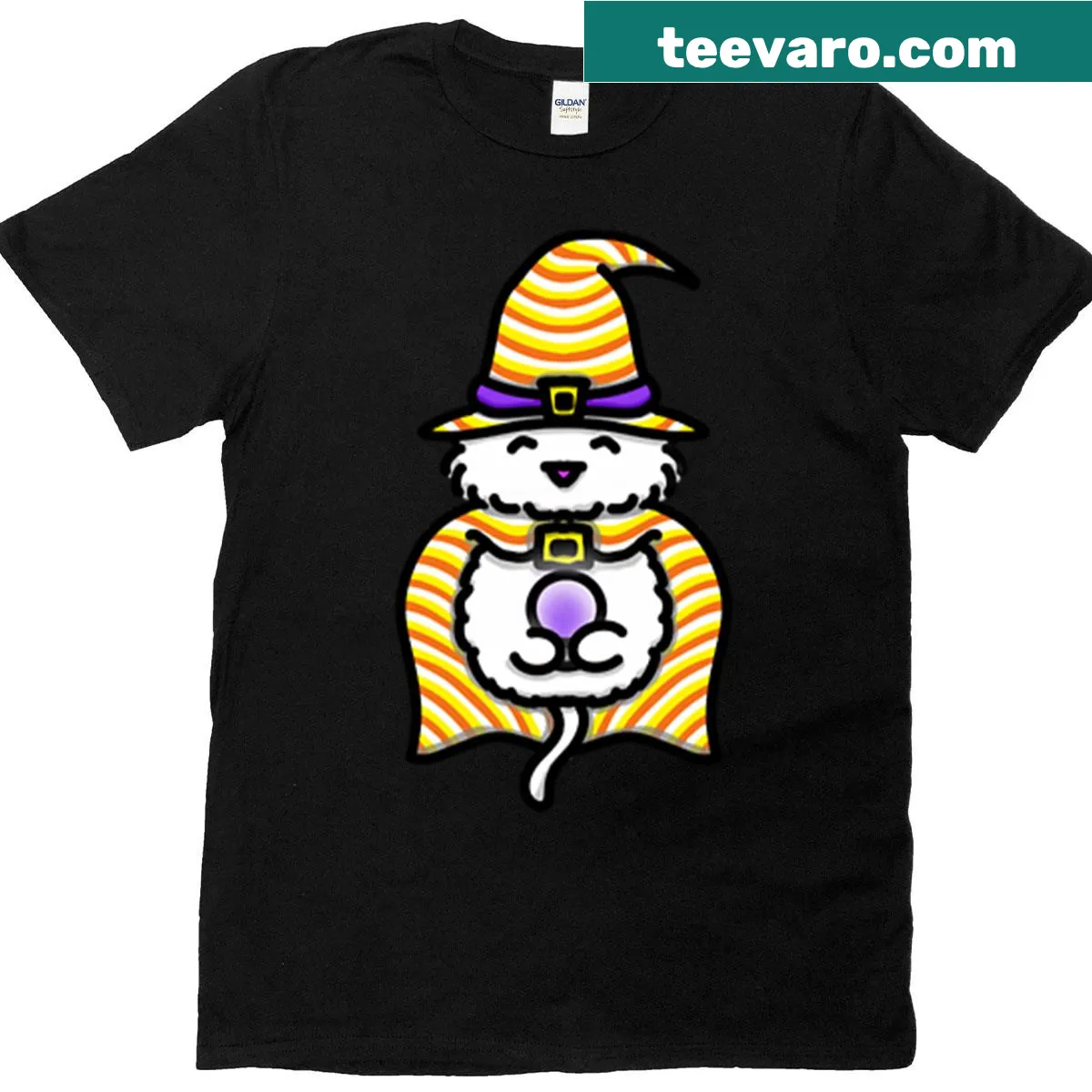 Whimsical Cat T-shirt with candy corn and crystal ball design — on a men's t-shirt
