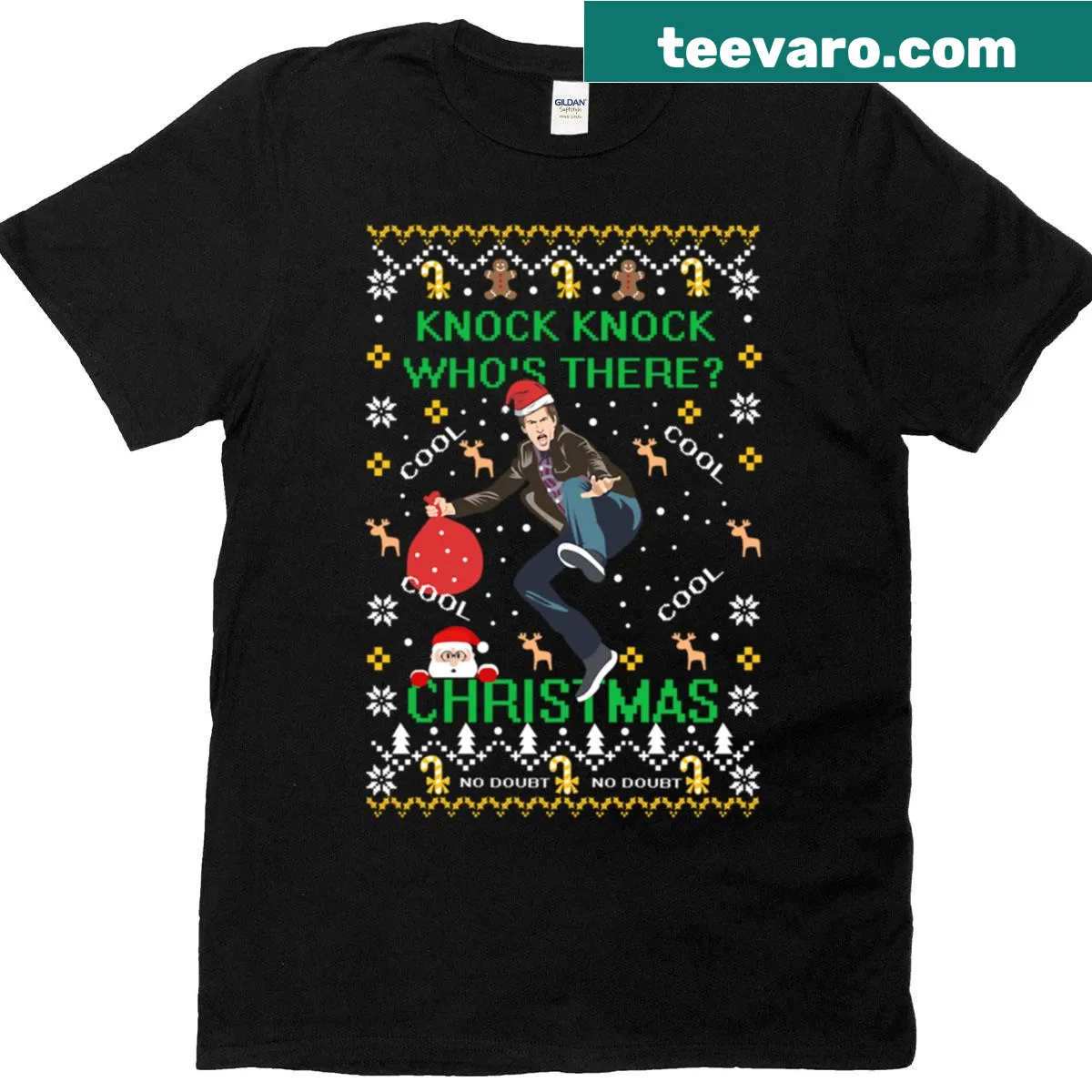 Playful Christmas t-shirt asking Who's There? — on a men's t-shirt