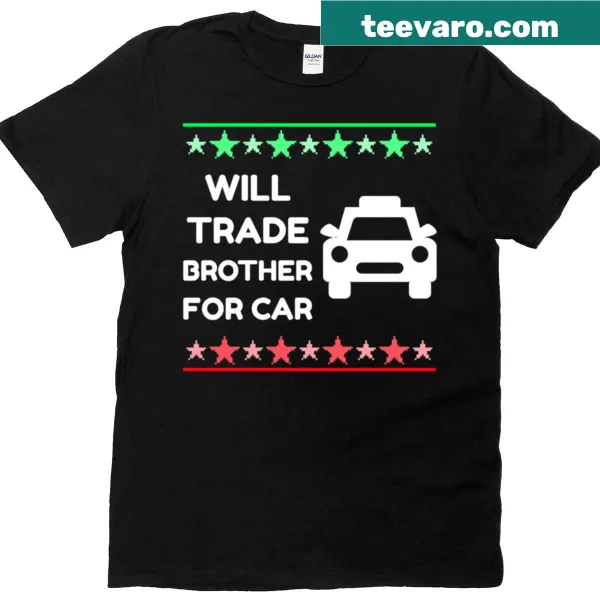 Oversized Christmas T-shirt with humorous graphic about trading a brother for a car