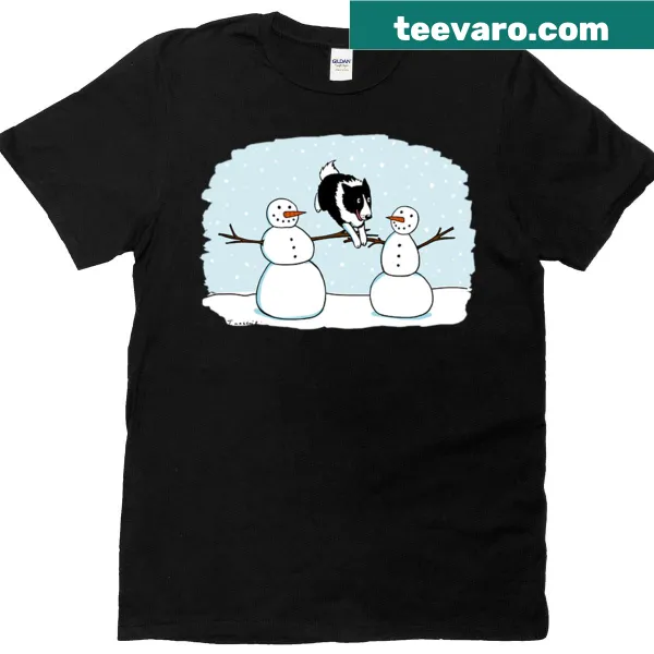 Cute winter T-shirt with a Border Collie and snowmen illustration