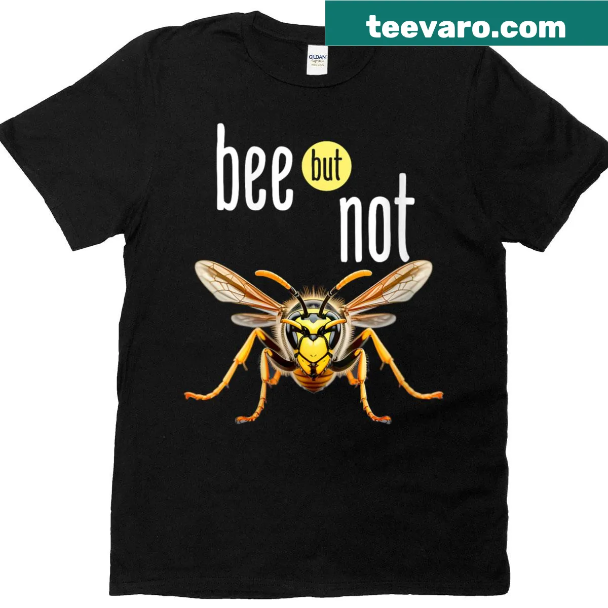 Minimal bug meme t-shirt featuring a bee and humorous text — on a men's t-shirt