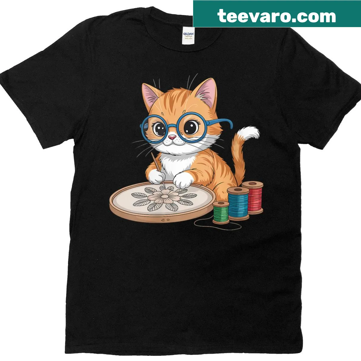Cute Cat Cross Stitch graphic T-shirt for crafters — on a men's t-shirt