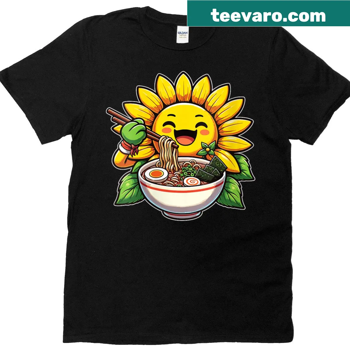 Cute sunflower illustration eating ramen on a T-shirt — on a men's t-shirt