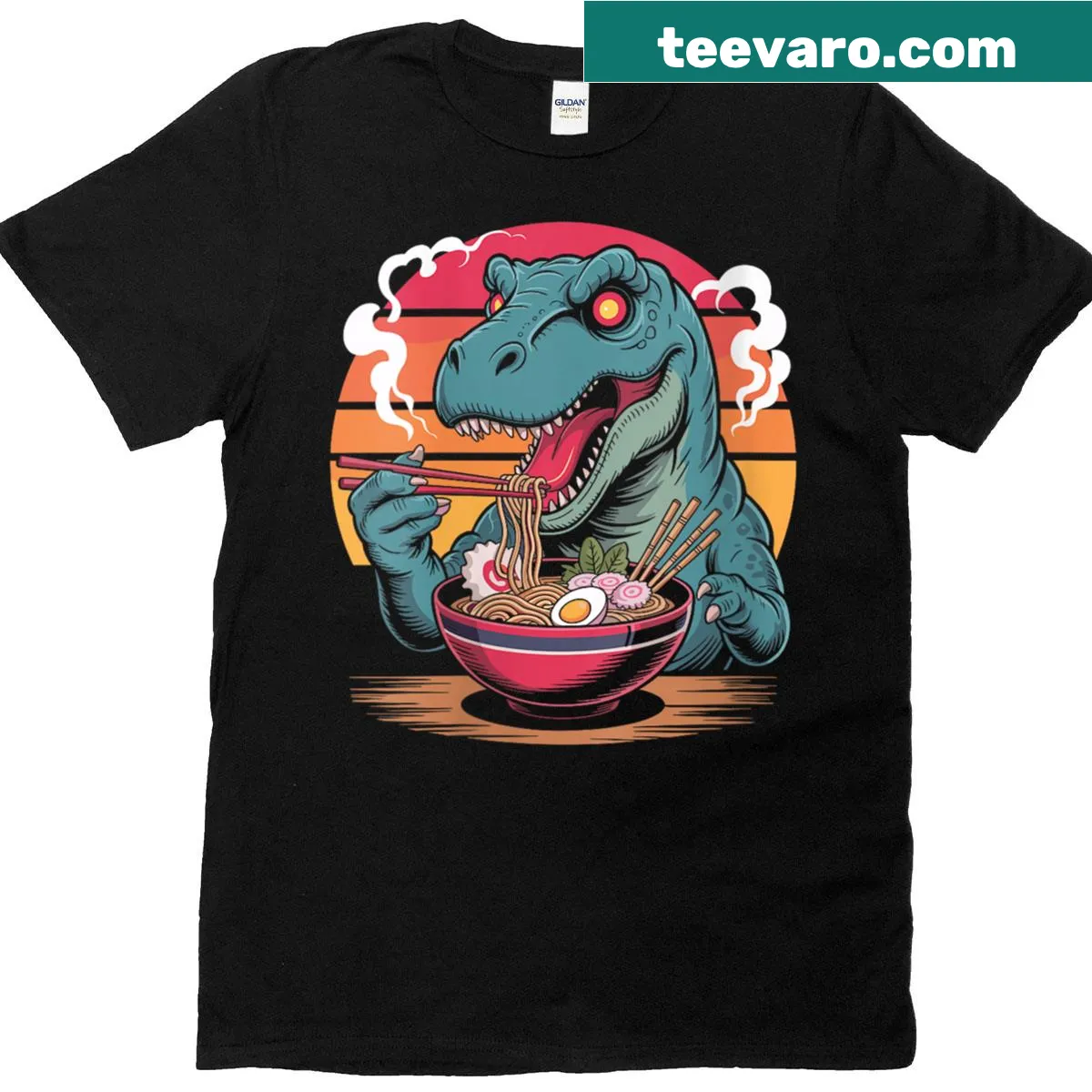 Kawaii dinosaur enjoying noodles graphic on a T-shirt — on a men's t-shirt