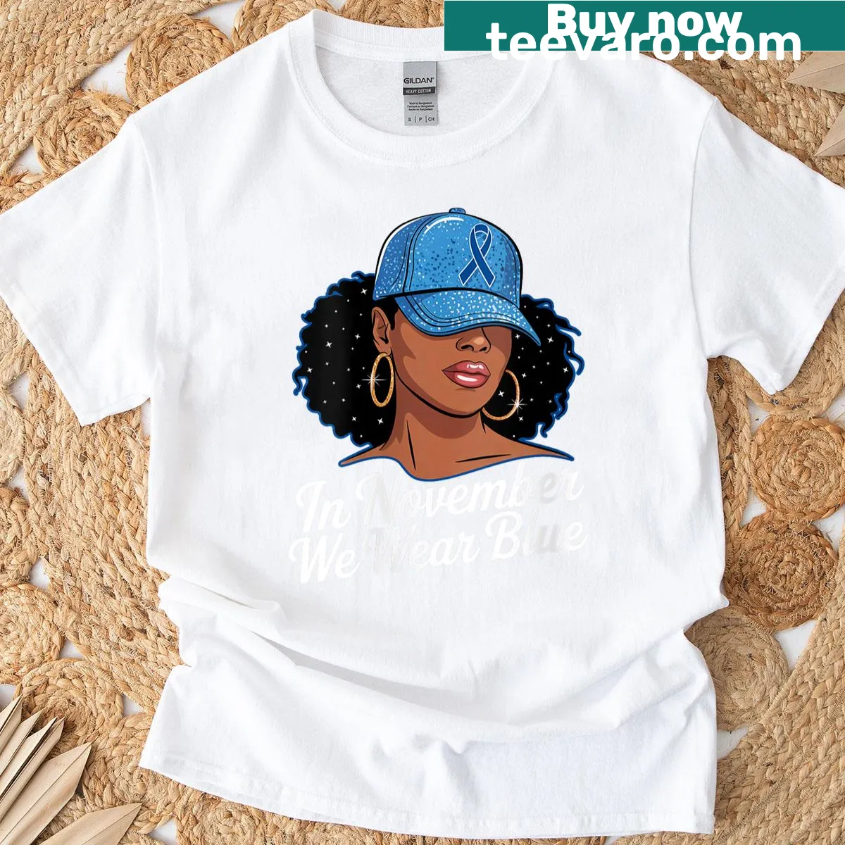 Diabetes awareness T-shirt with blue wear message — on a men's t-shirt