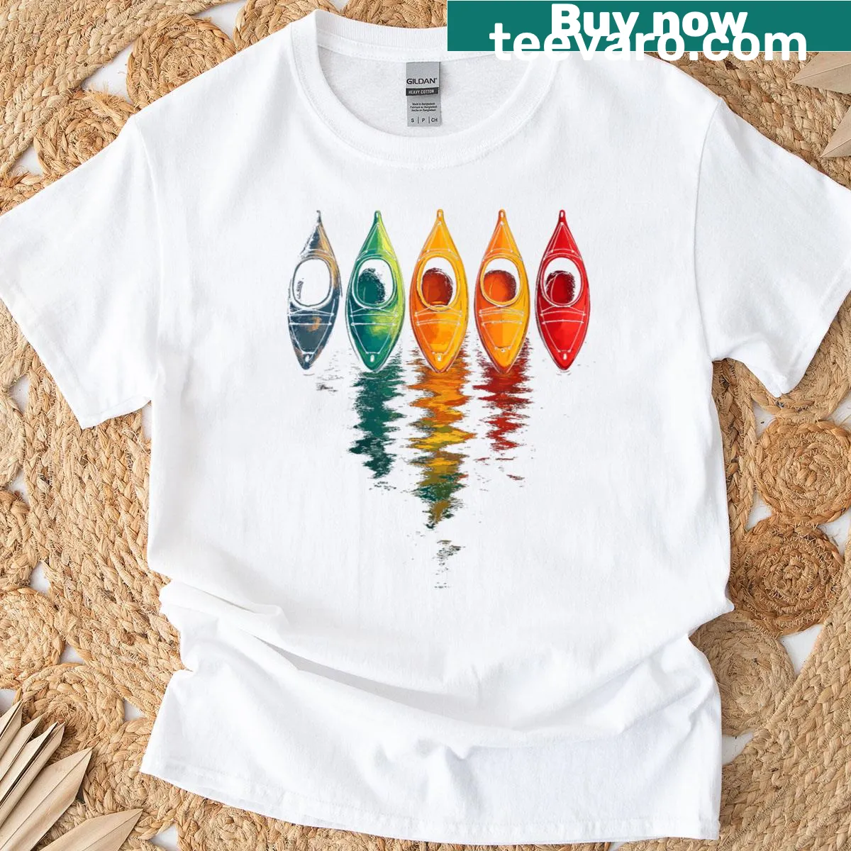 Kayaking-themed T-shirt featuring animated kayakers — on a men's t-shirt