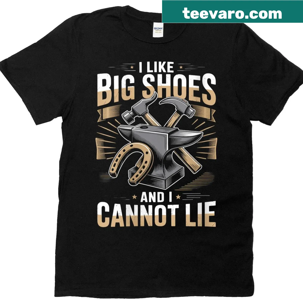 Typography T-shirt with a humorous phrase about horse shoeing — on a men's t-shirt